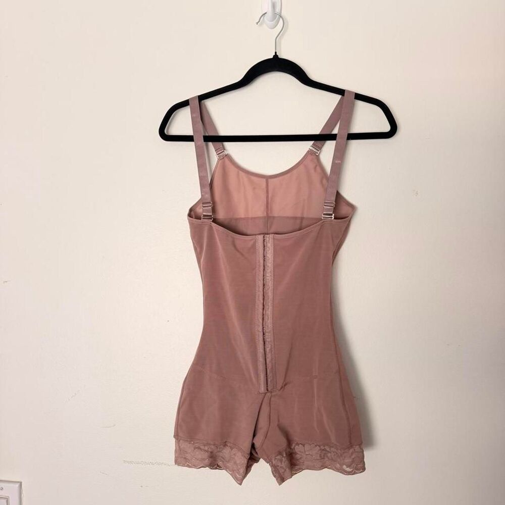 Trendy nude lace trim hook-front bodysuit romper, est. S